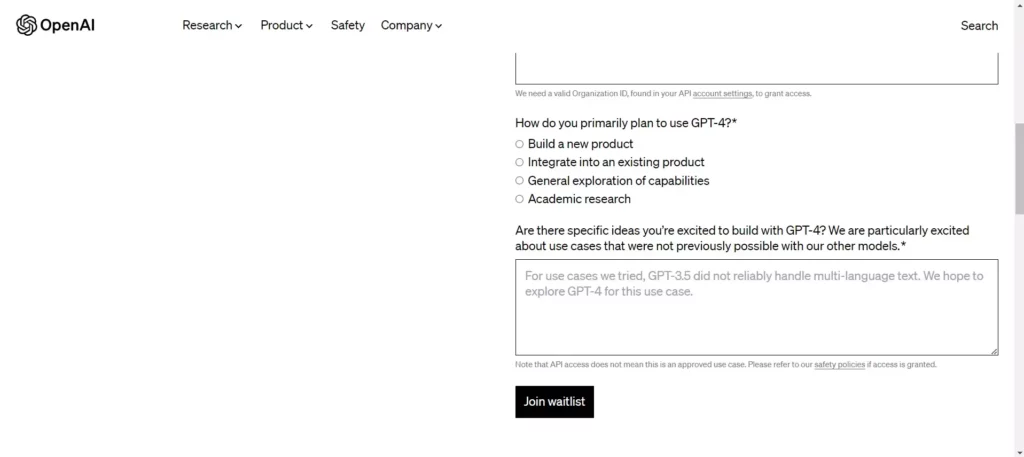 ChatGPT 4 Join the waitlist; ChatGPT 4 API Waitlist failed