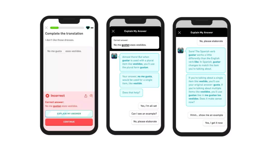 Explain my answer on duolingo max; Duolingo ChatGPT 4